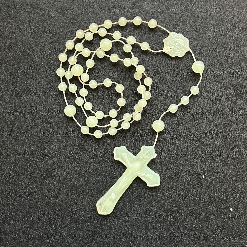 Vintage Rosary Plastic White Beads Virgin Mary Crucifix Necklace 15"